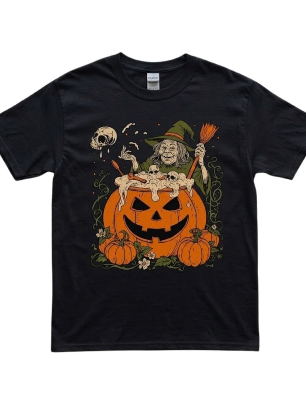 Gildan Black Tee with Orange Pumpkin, Green Witch & Cream Skulls